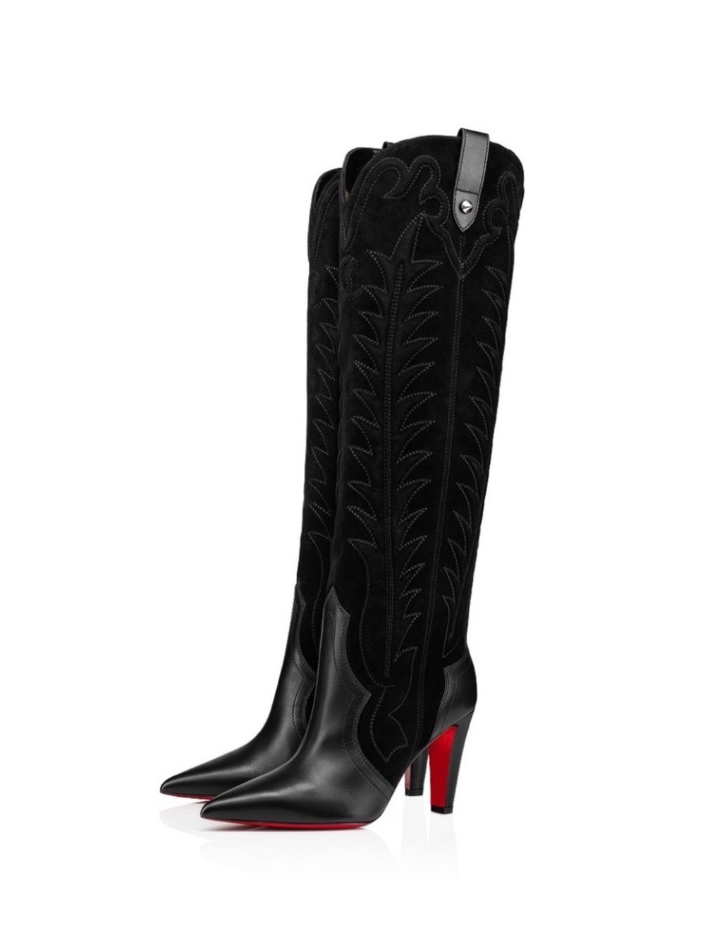 Christian Louboutin Black Suede & Leather Knee-High Heeled Boots with Red Sole